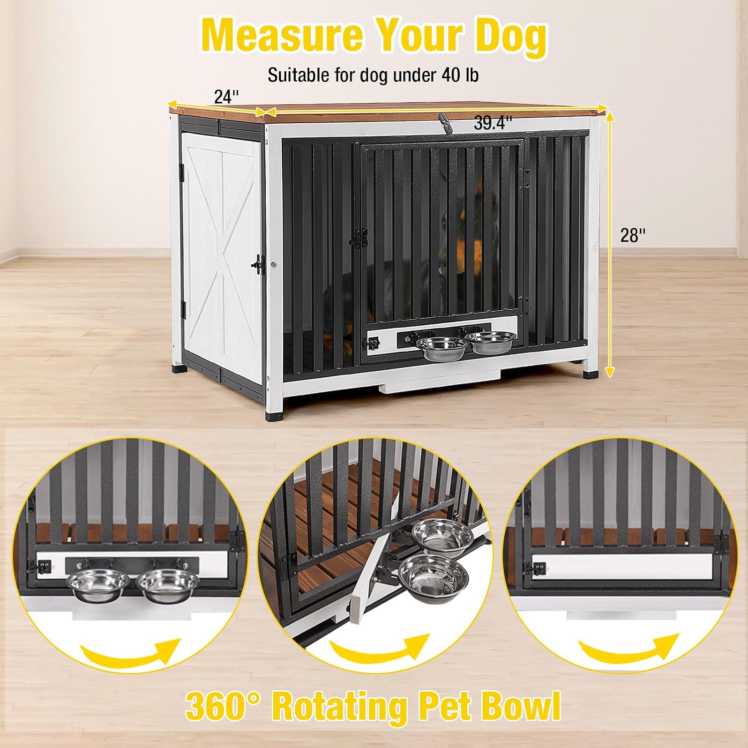 Aivituvin Dog Crate Furniture Foldable Side End Table Expandable Solid Wood Dog Kennel with 360° Rotatable Dog Bowls Indoor Cage, No Assembly Needed (Left Door Removable)