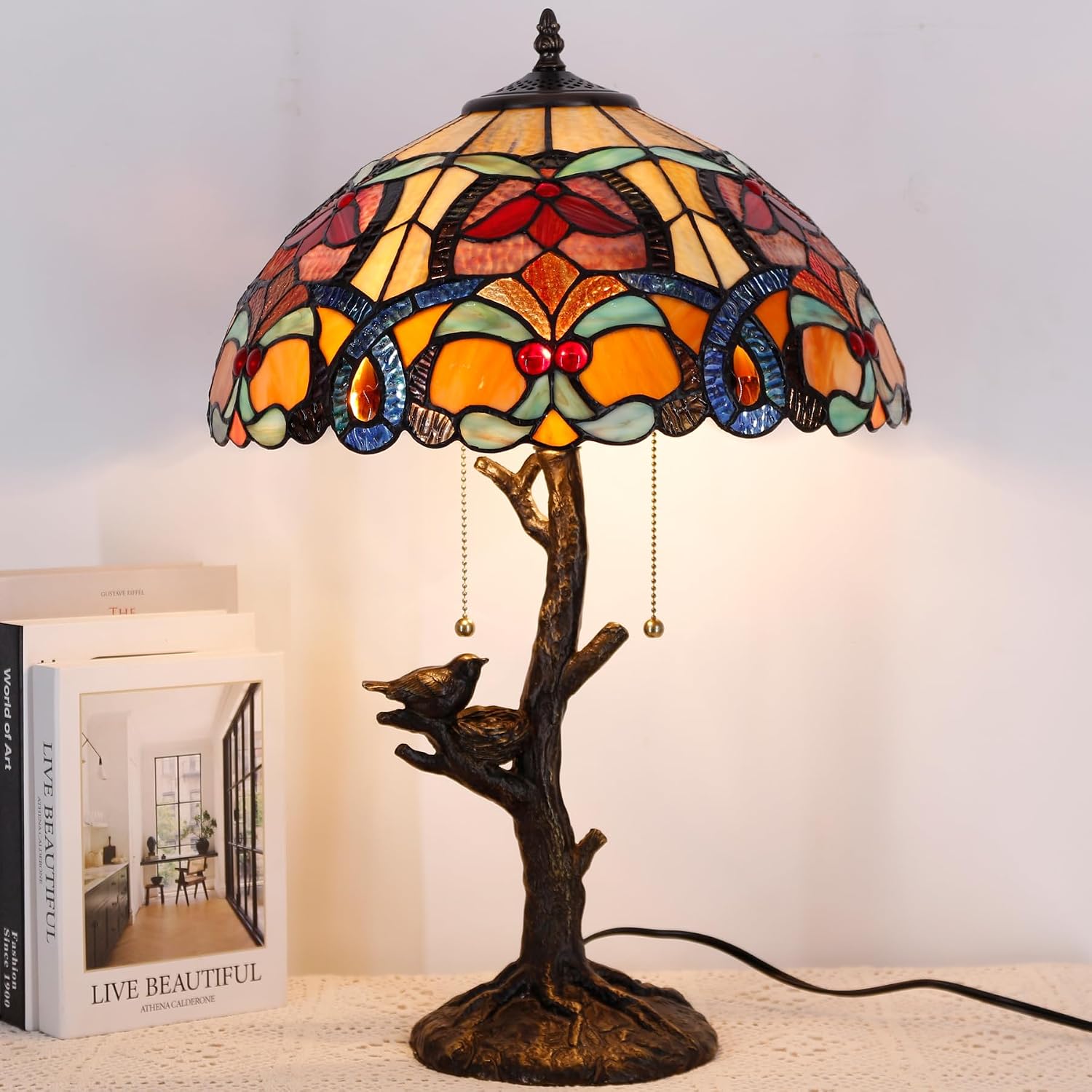 Large Tiffany Lamp Shade Replacement Only 16Inch Stained Glass Lampshade Fit For Table Lamps FLoor Lamp Ceiling Fixture Pendant Hanging Light Home Office Decoration (Orange Yello)