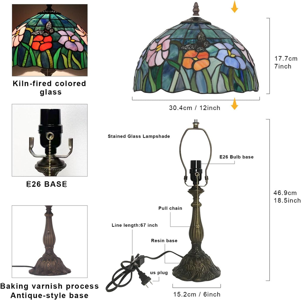 Tiffany Style Table Lamp,Butterfly Flower Table Lamp,12X12X19 Inch Tiffany Reading Light, Stained Glass Desk Decor Lamp.