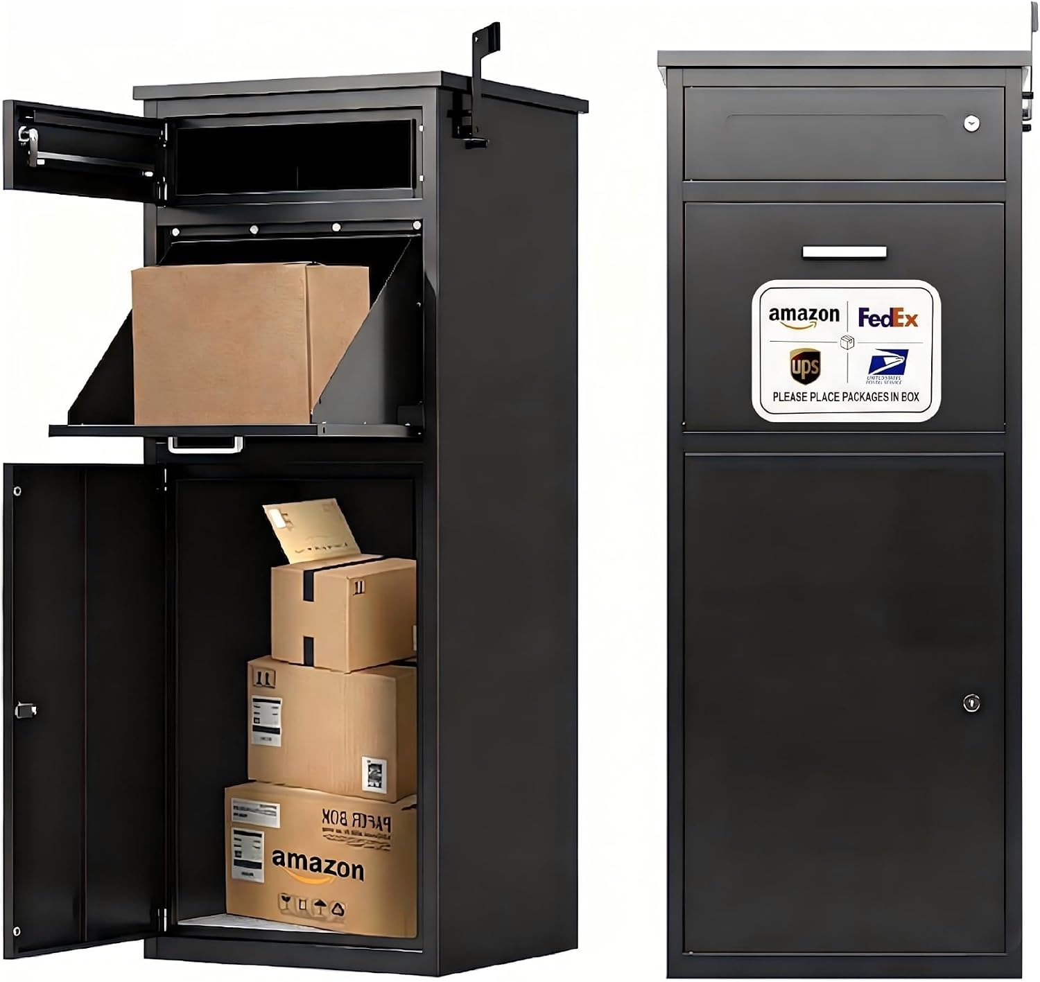Package Delivery Boxes for Outside,44'H Steel Large Parcel Drop Box for Outdoor and Porches,Packages Mails Anti-Theft Waterproof Lock Box(Black,No Assembly Required)