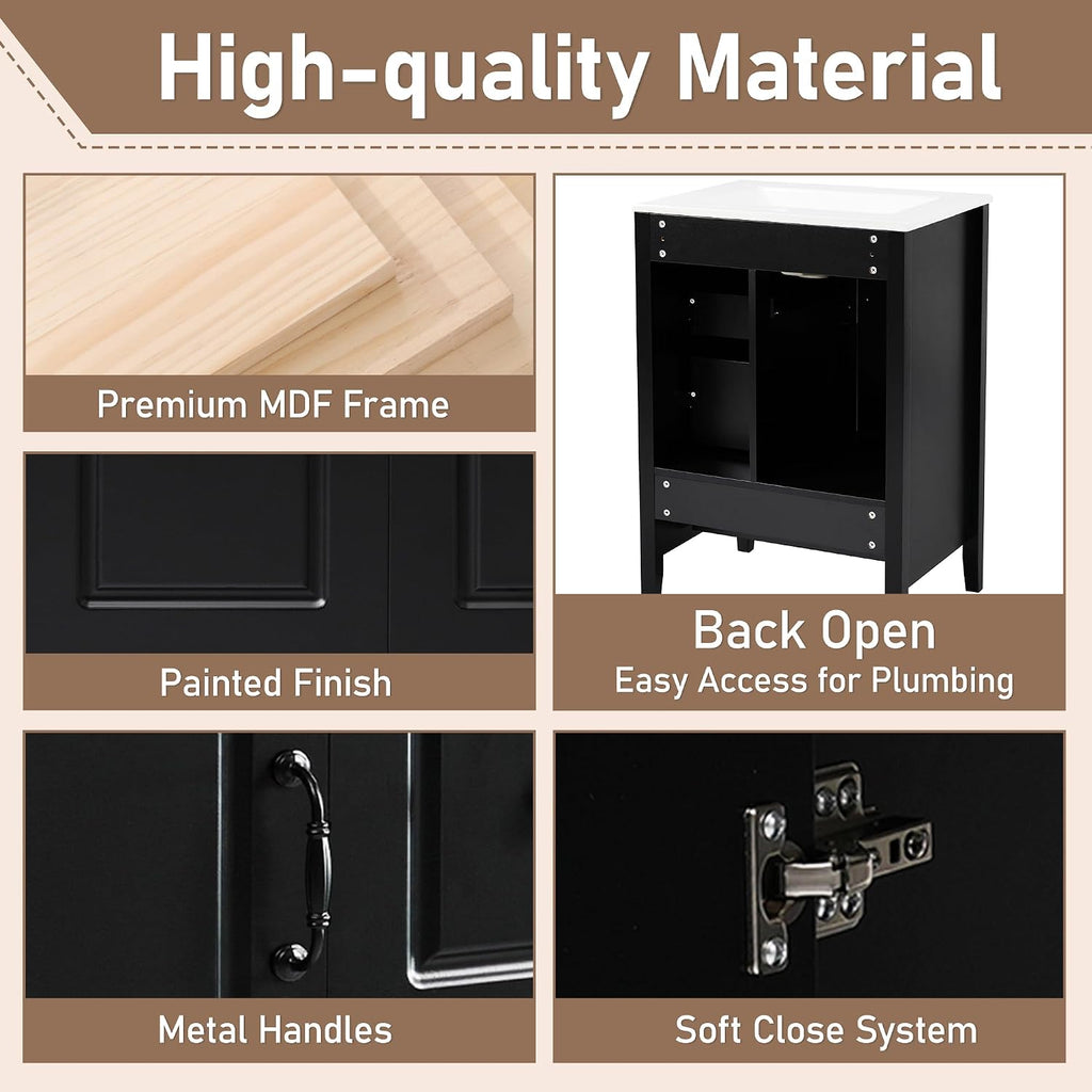 Harper & Bright Designs 24' Bathroom Vanity with Sink, Free Standing Single Vanity Set with 3 Drawers and One Door, Solid Wood Storage Cabinet with Ceramic Basin for Bathroom, Black