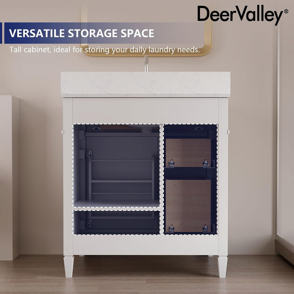 DeerValley 30 Inch Bathroom Vanity with Sink and Backsplash, Pre-Assembled Modern Bath Cabinet with Storage, Soft Close Doors, White
