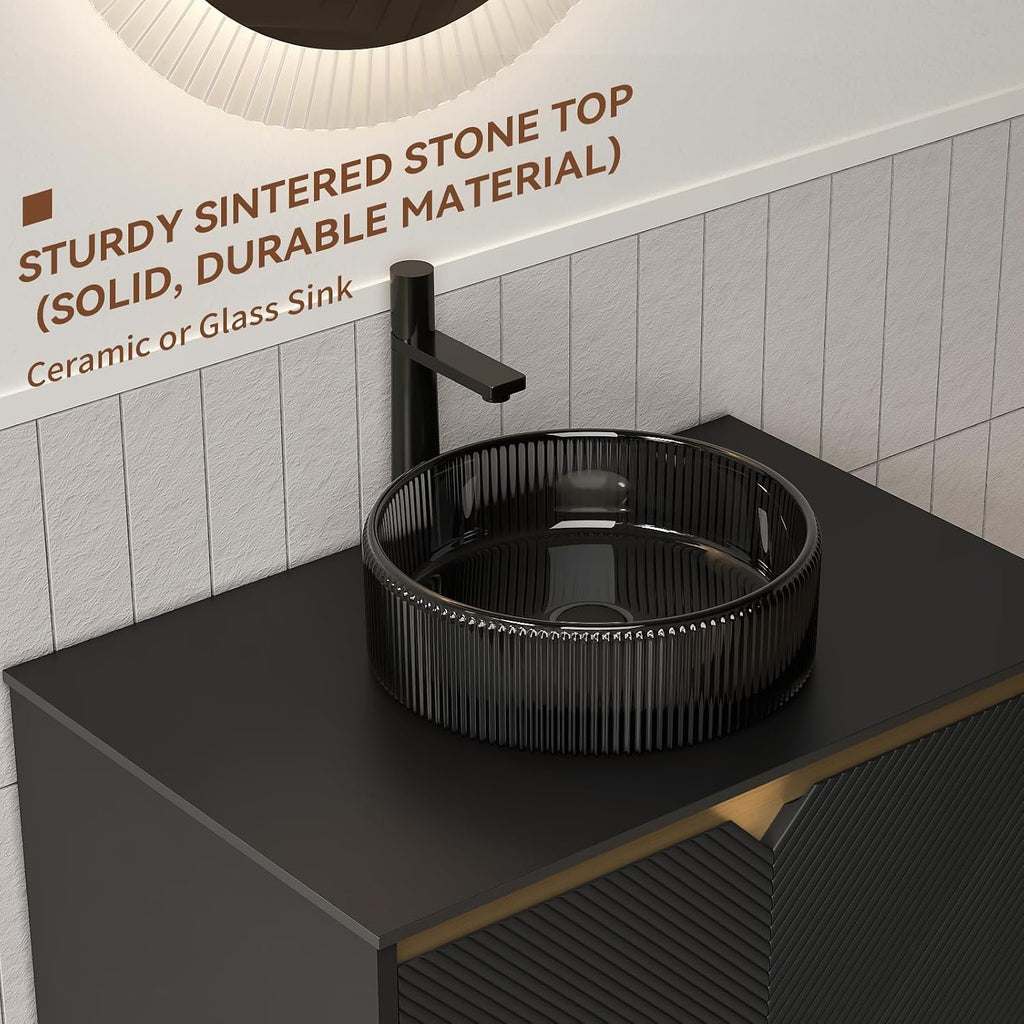 30 Inch Bathroom Vanity with Sink, Floating Fluted Vanity with Vessel Sink, Modern Bathroom Vanity Cabinet with 2 Doors with Metal Trim, Round Glass Sink & Sintered Stone Top, Black