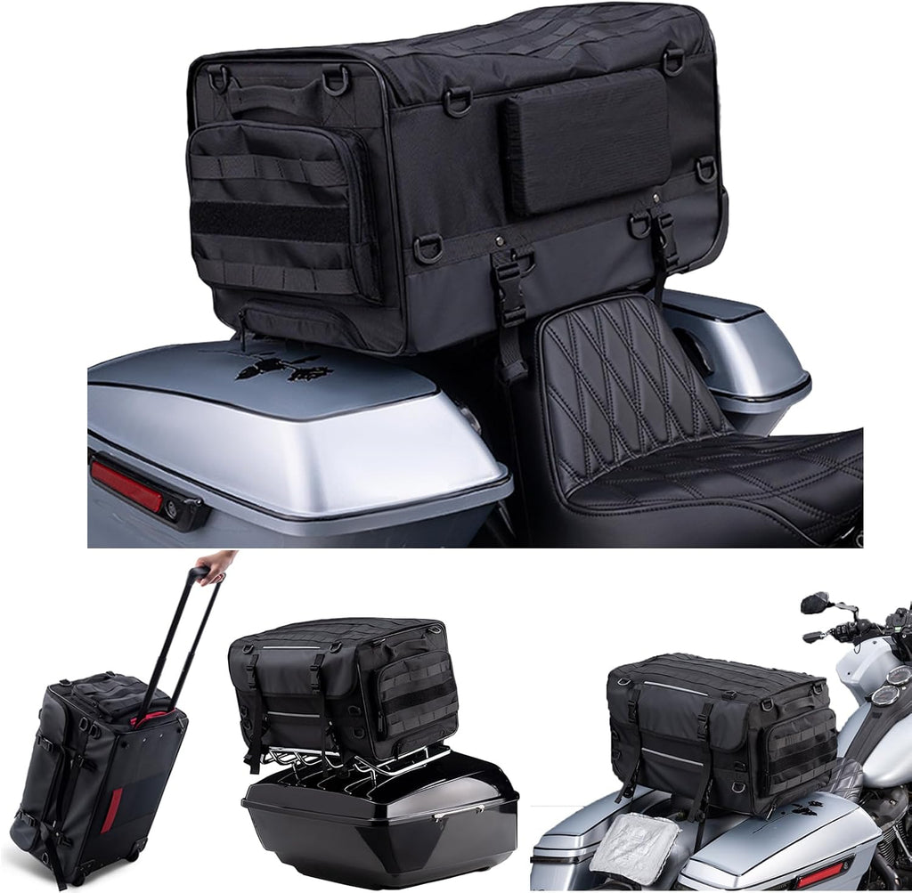 Motorcycle Touring Seat Bag Trolley Case with Wheels, Waterproof Suitcase, Luggage, Duffel, Tail, Tour Trunk, Gear, Rear Rack Bag, Sissy Bar Bag Compatible with Harley (50L/13Gallons)