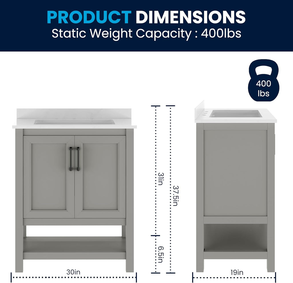 Flash Furniture Vega 30 Inch Bathroom Vanity with Sink Combo, Storage Cabinet with Soft Close Doors and Open Shelf, Carrara Marble Finish Countertop, Gray/White