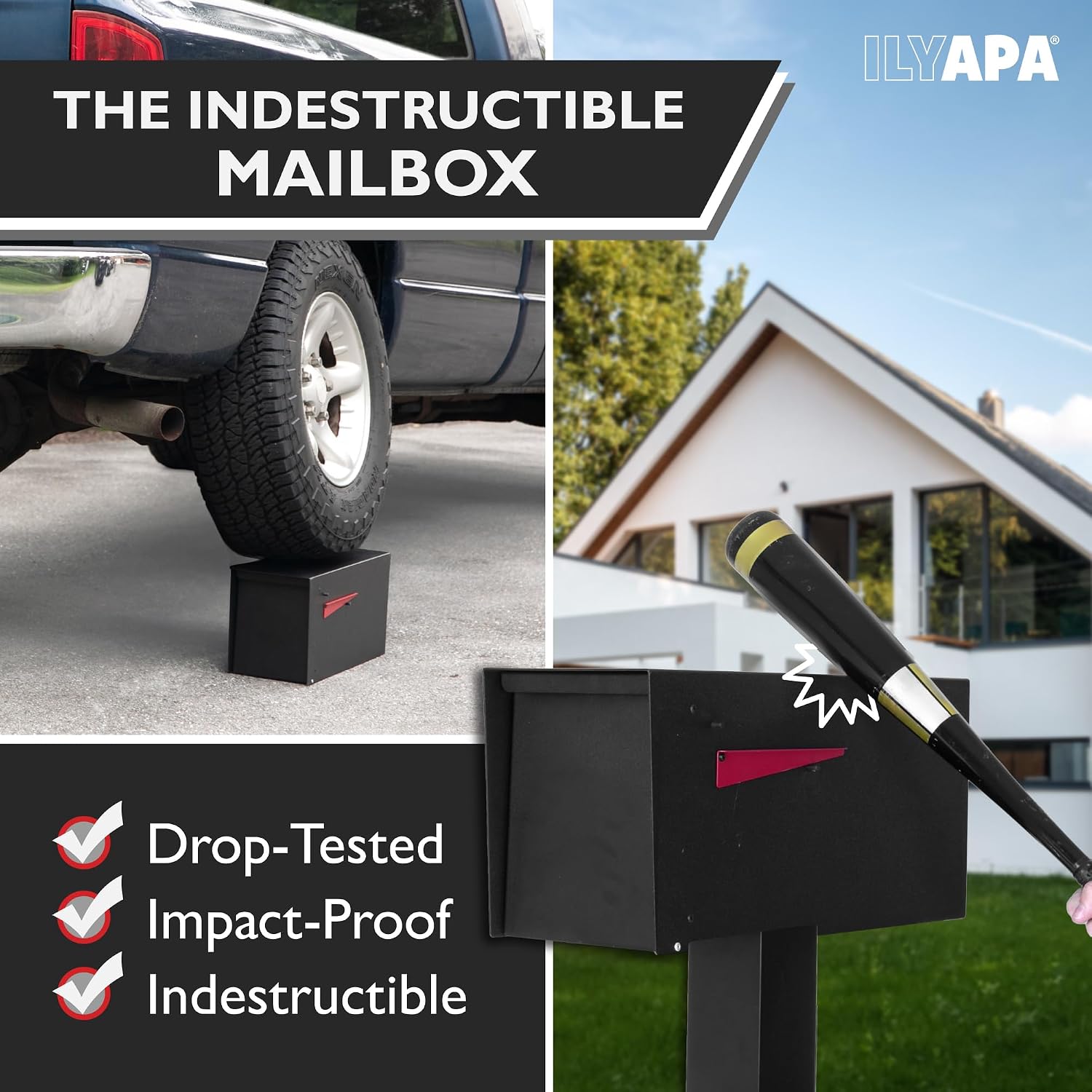 Ilyapa Indestructible Heavy Duty Modern Mailboxes for Outside Post Mount - 21x10x 8 Inch Large Mailbox, Black Heavy Gauge Metal Mail Box - Mail Boxes for House Outside, Rural, Residential or Curbside