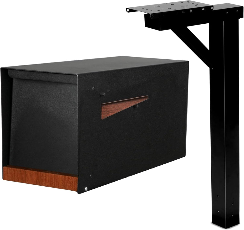 Ilyapa Modern Black Mailbox with Magnetic Door & Weatherproof Post Kit - Ideal for Parcels & Residential Use, Easy Mount, Durable Powder Coated Metal & Redwood Trim