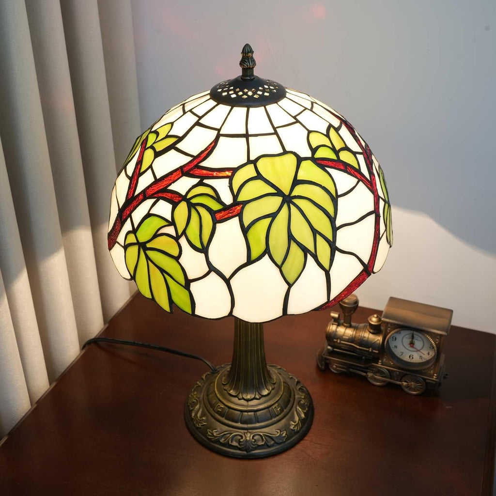 Tiffany Style Table lamp with Green Leaf Stained Glass lamp 12 Inch Retro Bronze Base Bedside Lamp Bedroom，Living Room, Bar, Restaurant Hotel French Countryside Style Decorative Ambient Light