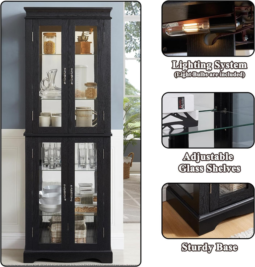 70'H Lighted Wooden Curio Cabinet, Freestanding Glass Display Case with Tempered Glass Door,Adjustable Shelves and Mirrored Back Panel, Decorative Storage Cabinet for Living Room,Office (Black)