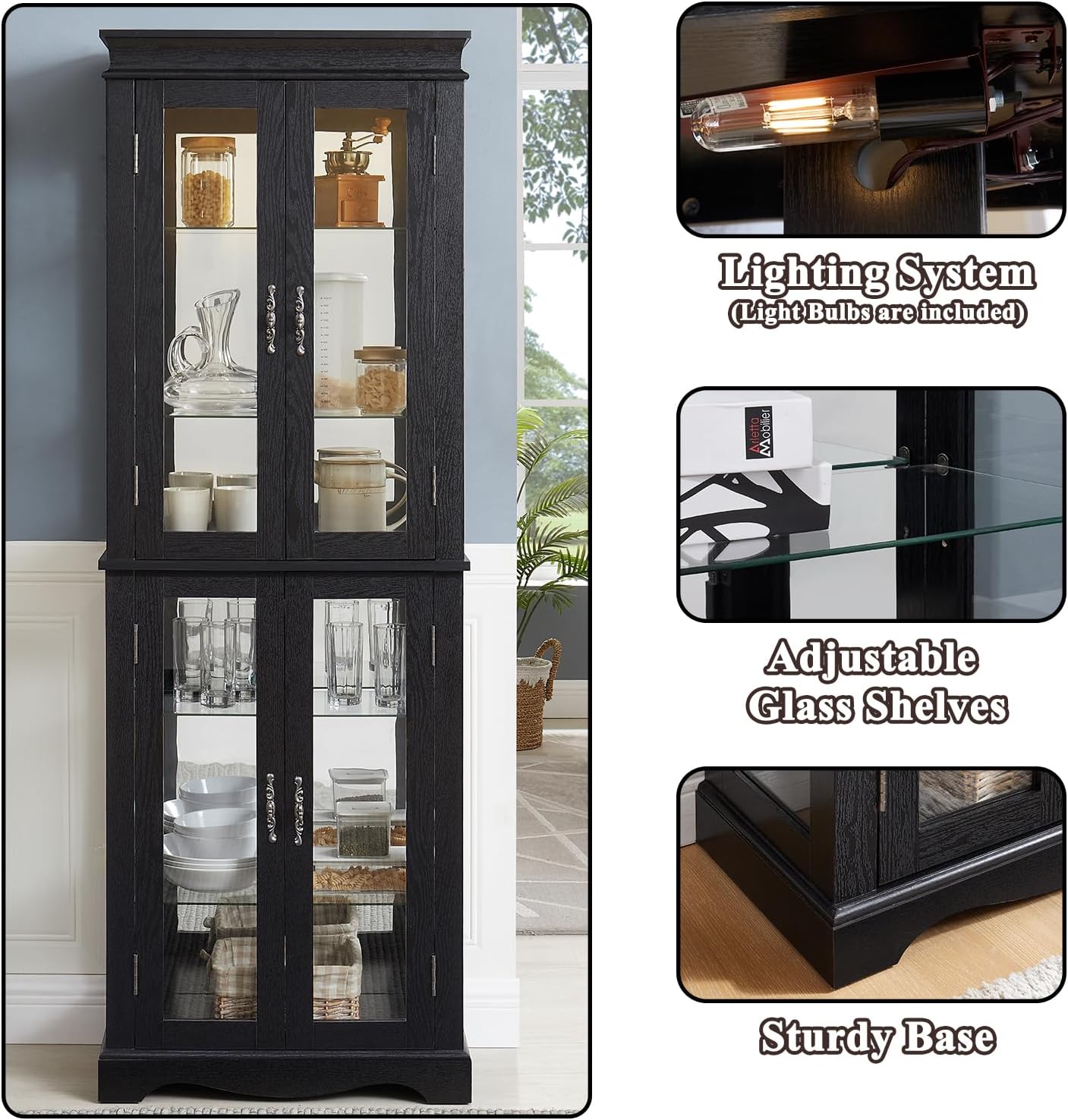 70'H Lighted Wooden Curio Cabinet, Freestanding Glass Display Case with Tempered Glass Door,Adjustable Shelves and Mirrored Back Panel, Decorative Storage Cabinet for Living Room,Office (Black)