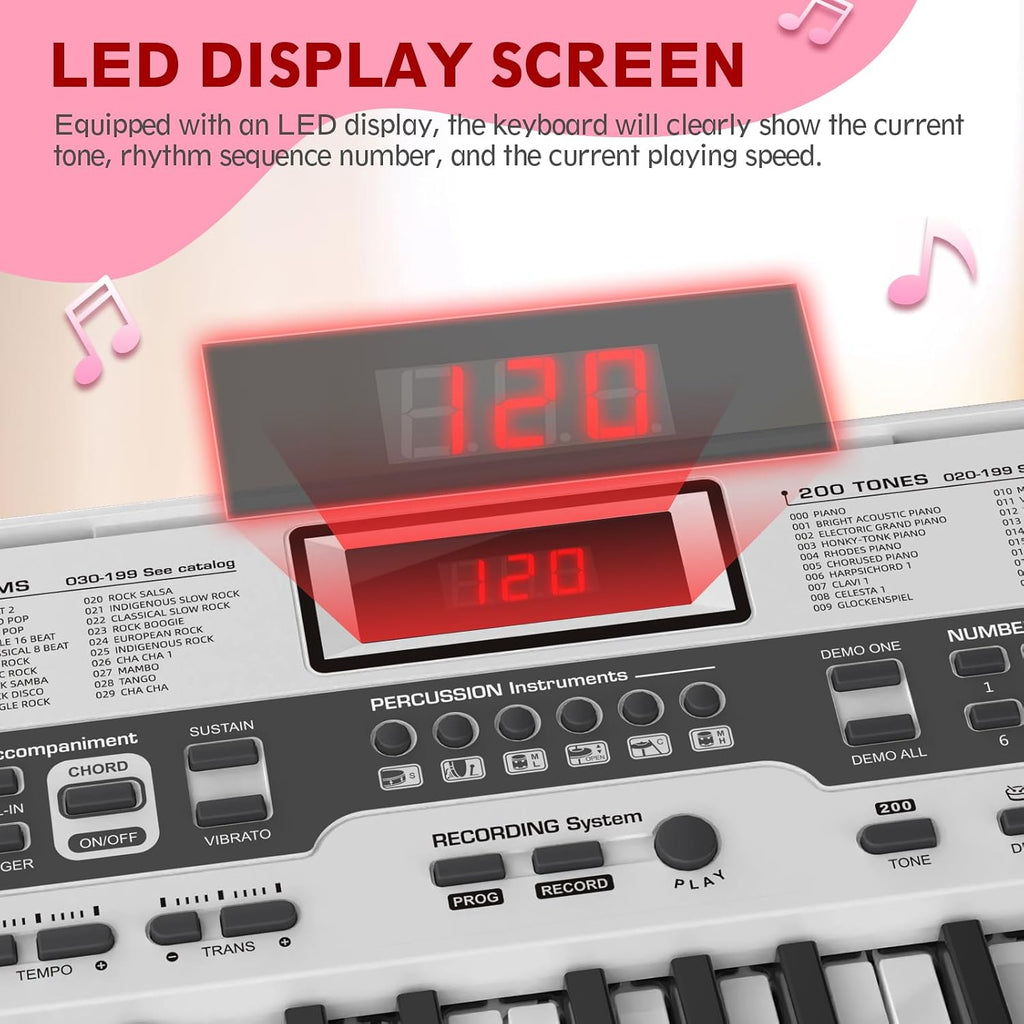 Fenbeli 61 Key Keyboard Piano for Beginners, Electric Piano Keyboard with Stand and Bench, Microphone, Headphone, Sheet Music Stand, LED Screen, 200 Tones, Teaching Mode, Holiday Gift