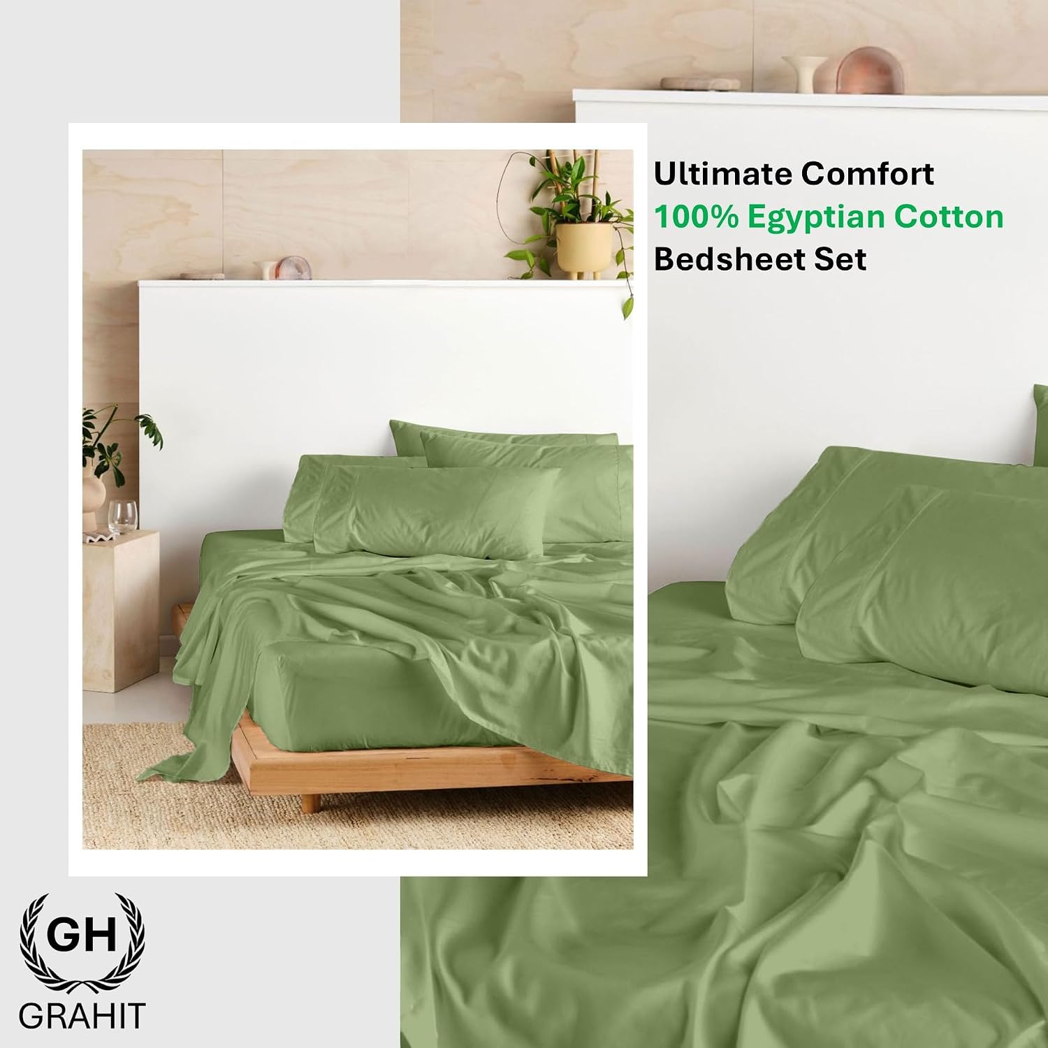100% Egyptian Long Staple Cotton Bedsheet Set, 800 Thread Count, 6-PC Sheets Set, Moss Color, Queen Size, 15 Inch Deep Pocket of Fitted Sheet, Soft Sateen Weave Breathable