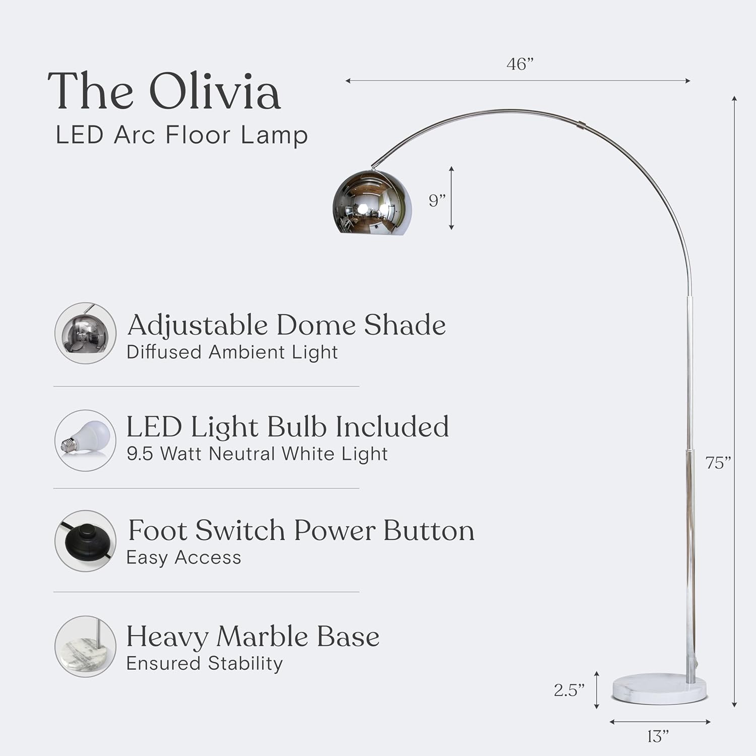 Brightech Olivia Floor Lamp - Chic Arc Lamp with Rounded Spolight Head and Marble Base for Living Room, Tall Standing Lamp with LED Light Bulb for Bedroom Reading, Boho Home Decor for Office - Chrome