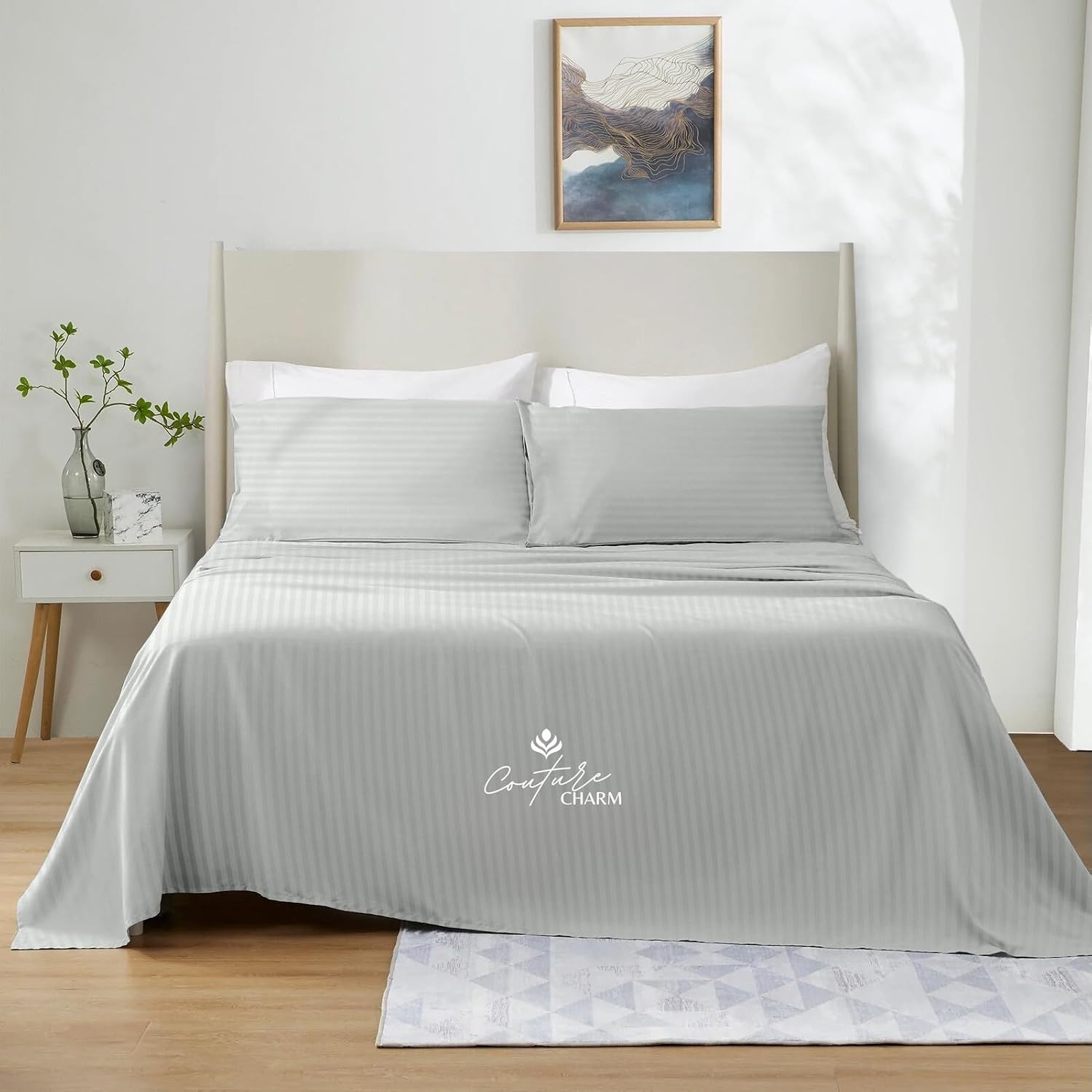 Queen Size 1000 Thread Count 100% Egyptian Cotton Sheet Set, 4-Piece, Sateen Weave, with 10-12' Deep Pocket Snug Fit (Stripe, Silver Grey)