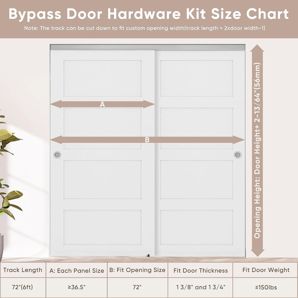 JUBEST 6FT/72 Heavy Duty Bypass Door Hardware with Soft Close Mechanism, Sliding Closet Door Hardware Set for 2 Door System, Smoothly and Quietly, Fit Door Thickness 1 3/8' or 1 3/4', Easy to Install