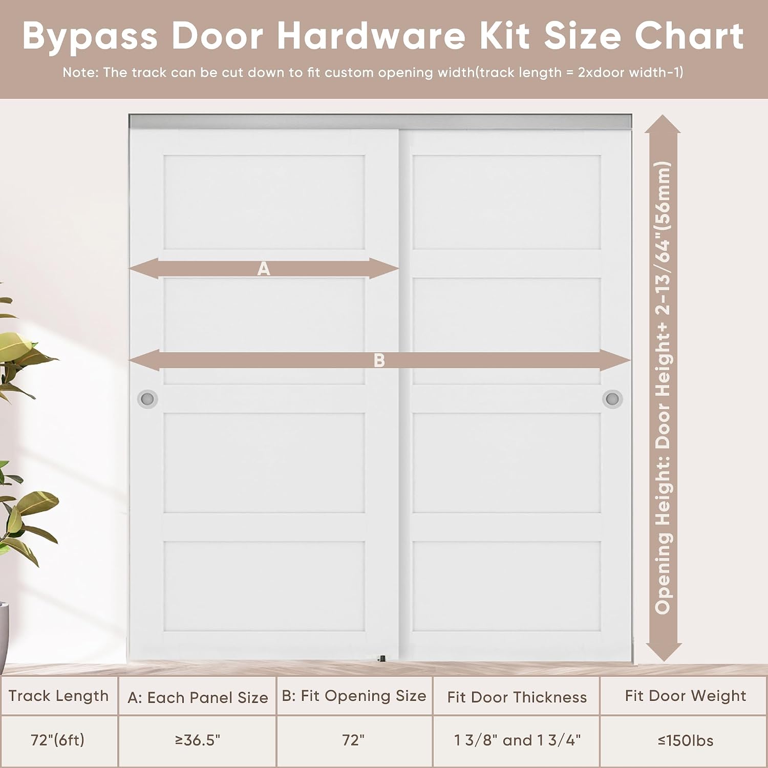 JUBEST 6FT/72 Heavy Duty Bypass Door Hardware with Soft Close Mechanism, Sliding Closet Door Hardware Set for 2 Door System, Smoothly and Quietly, Fit Door Thickness 1 3/8' or 1 3/4', Easy to Install