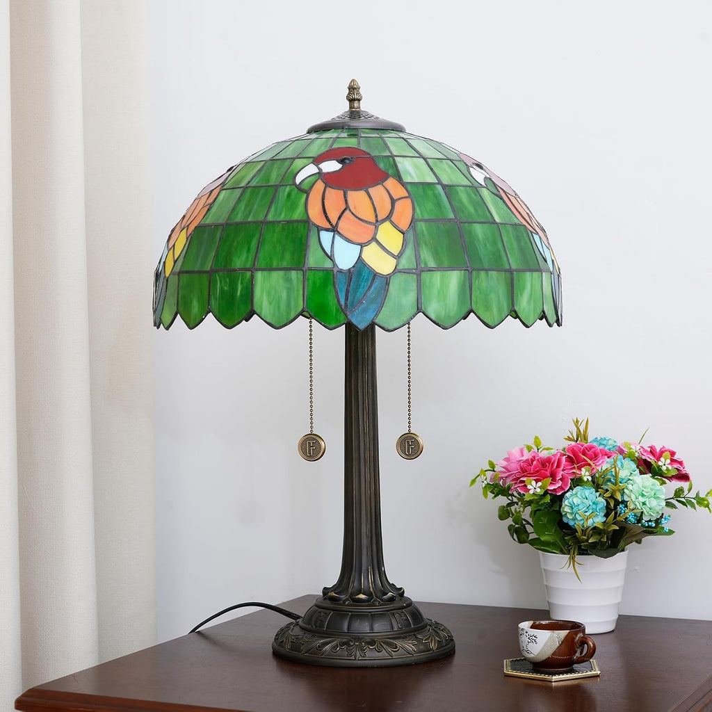 Tiffany Table Lamp Green Stained Glass Parrot Style Bedside Lamp 16X16X23 Inches Desk Decor Light Classic Farmhouse Reading Table Lamps for Home Office