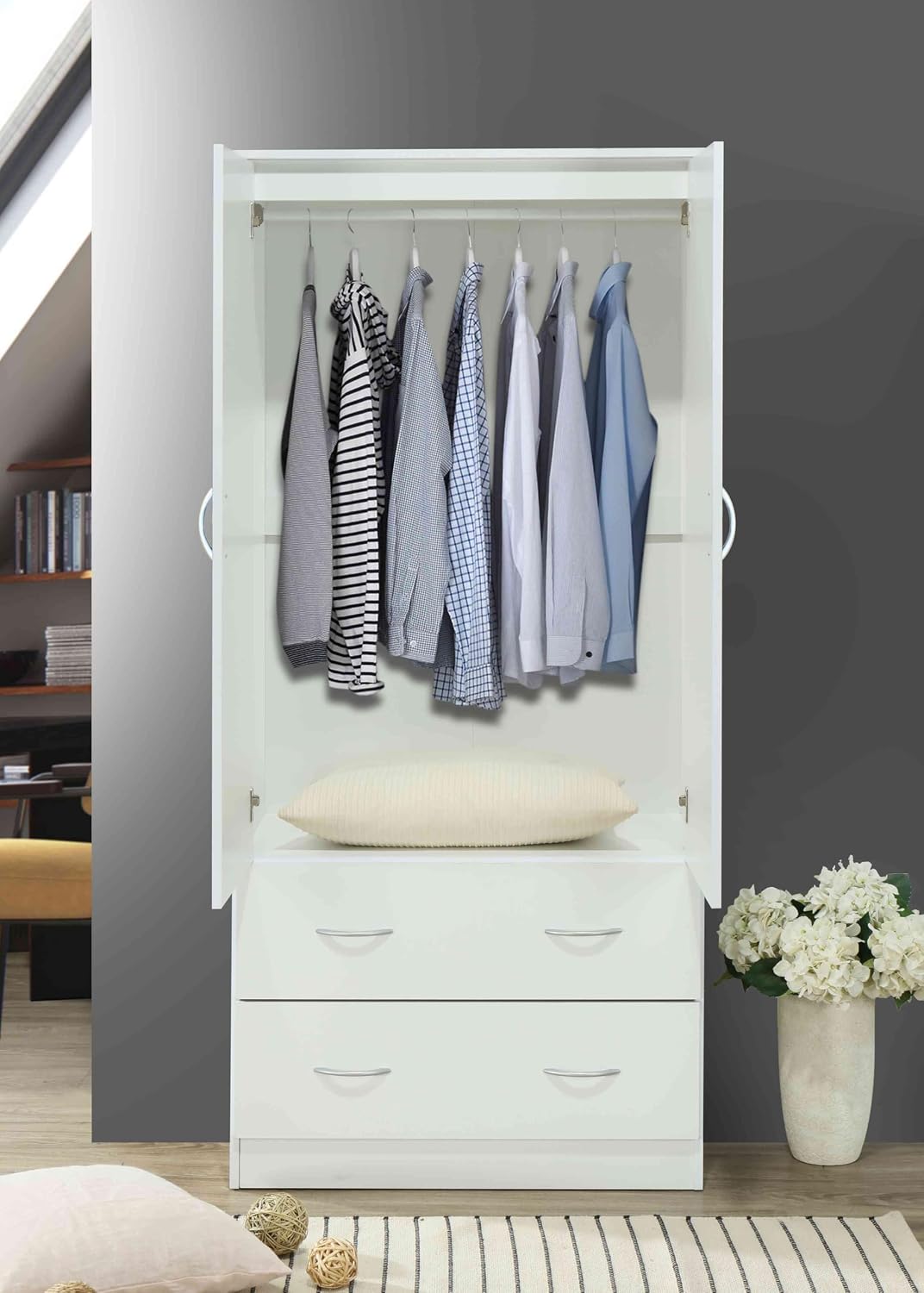 HODEDAH 2 Door Wood Wardrobe Bedroom Closet with Clothing Rod inside Cabinet, 2 Drawers for Storage and Mirror, White
