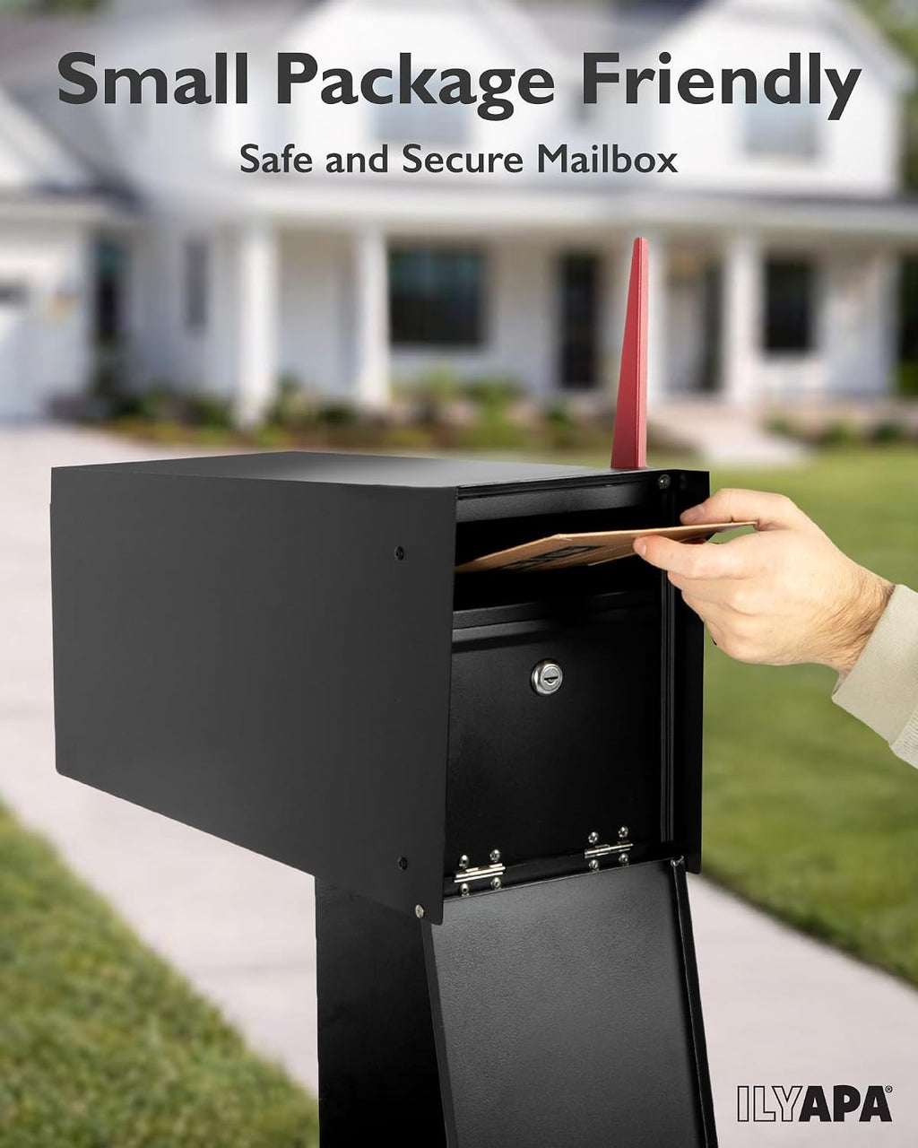 Ilyapa Locking Mailbox with Lock and Key Modern Mailboxes for Outside Post Mount - Black Powder Coated Steel, All Weather & Corrosion Resistant, Stainless Steel, Tab