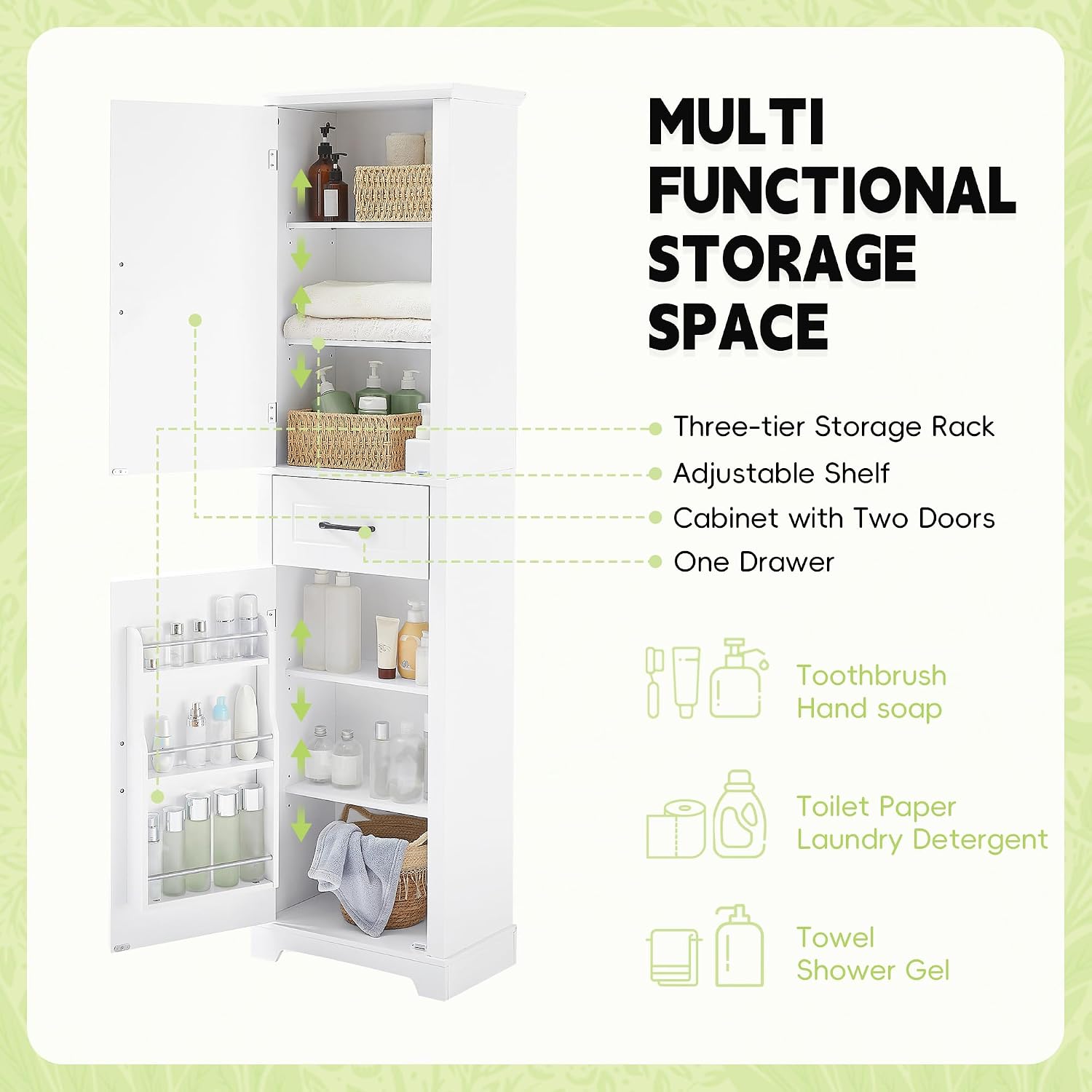 Tall Bathroom Storage Cabinet, Freestanding White Bathroom Accent Storage Cabinet with Built-in Door Shelf & Adjustable Shelves for Home Kitchen, Living Room (White Style4)