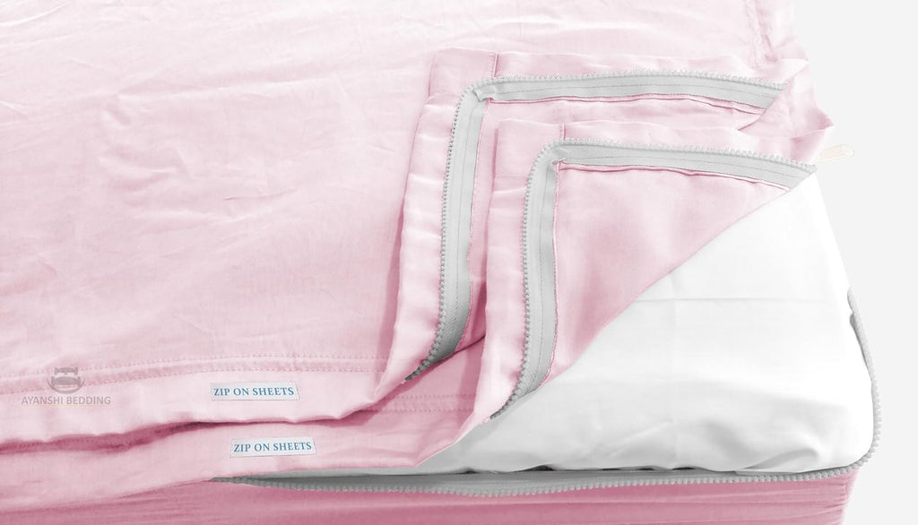 Cotton Zip Fitted Sheet Queen - 2 Zip Sheets & 1 Fitted Sheet Base - Upto 16' Deep Pocket Queen Size Zipper Sheets - Soft & Luxury 600 TC 100% Cotton - Baby Pink