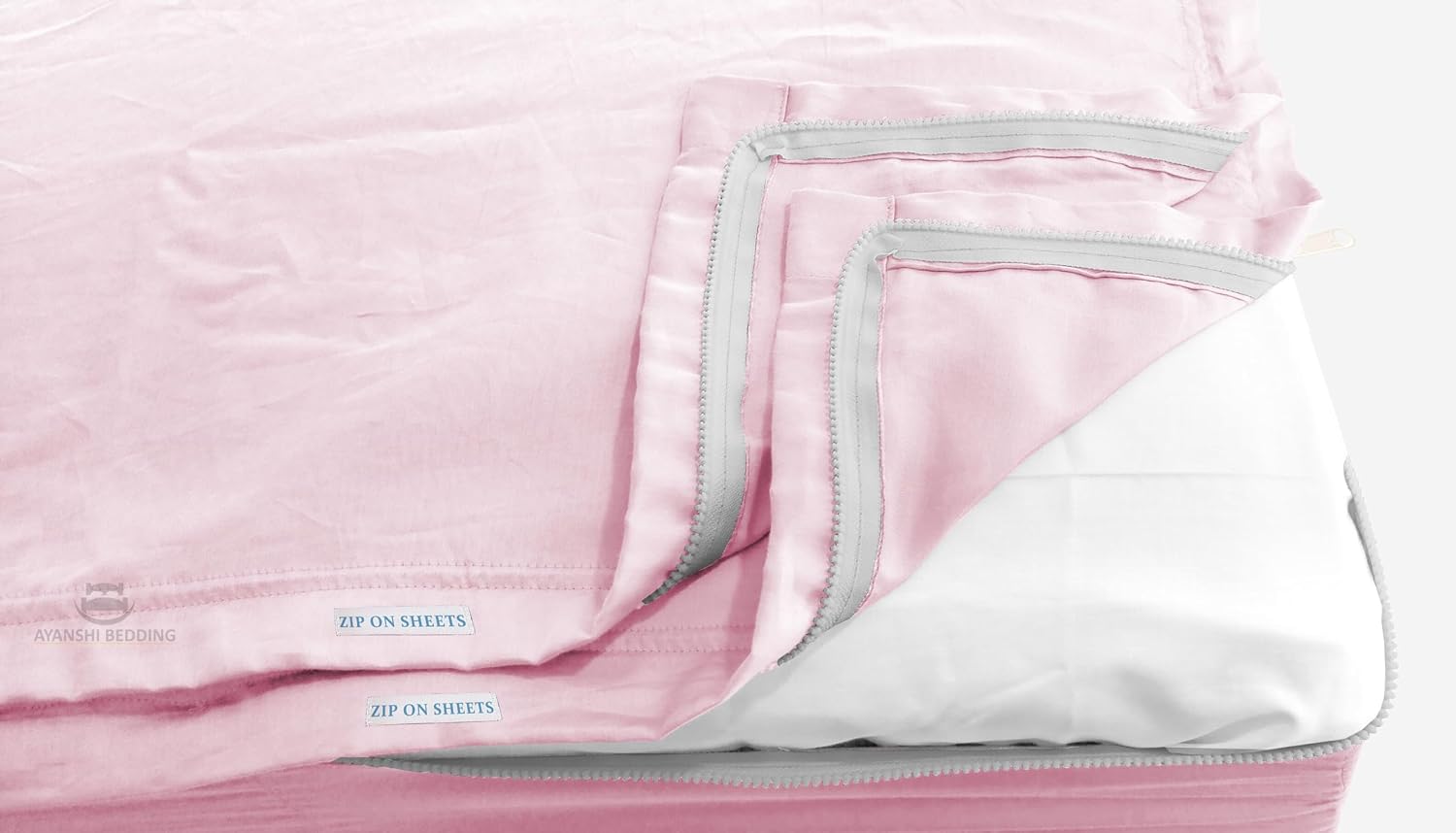 Cotton Zip Fitted Sheet Queen - 2 Zip Sheets & 1 Fitted Sheet Base - Upto 16' Deep Pocket Queen Size Zipper Sheets - Soft & Luxury 600 TC 100% Cotton - Baby Pink