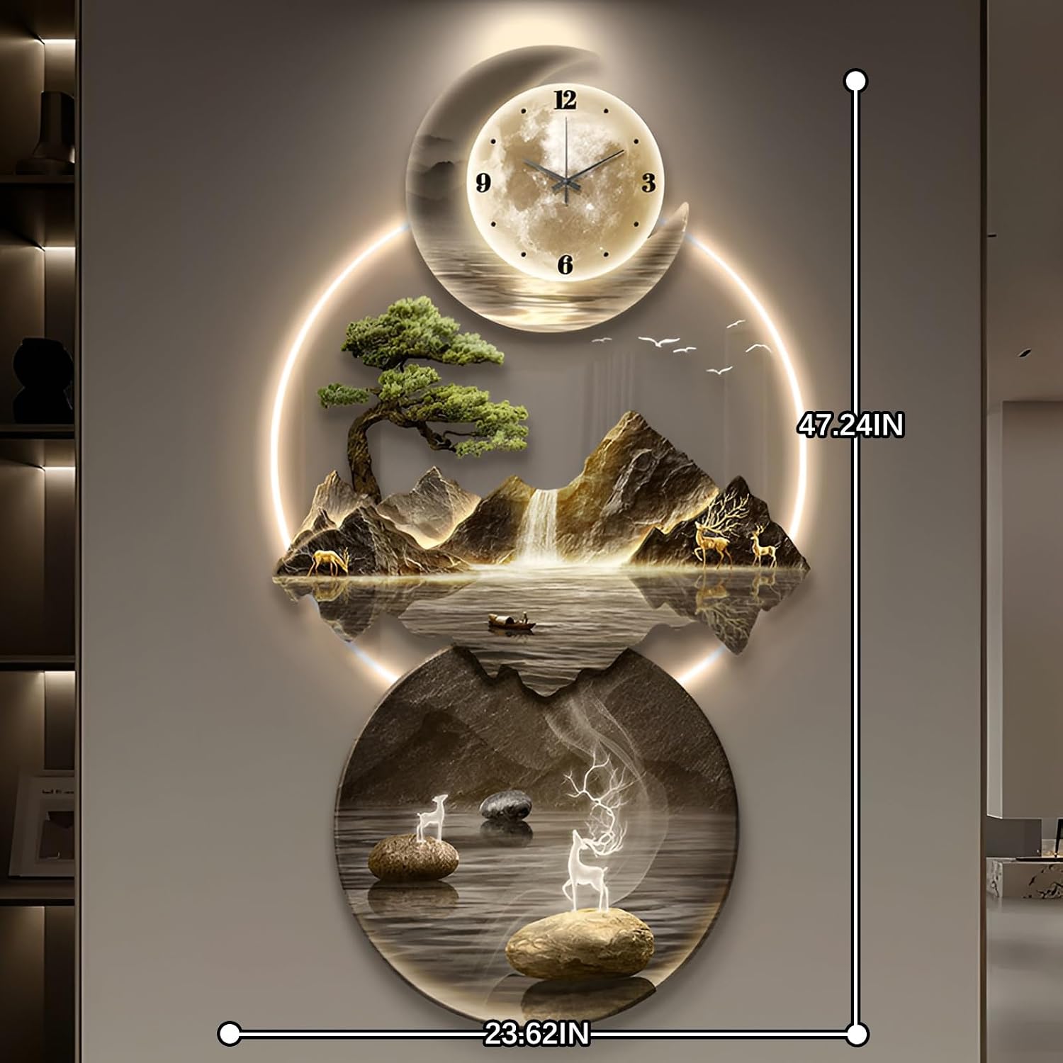 XQDYSG Wall Sculptures 3D Wall Art Decor Clock Plug-in Power Supply Home Decor Wall Modern Wall Hanging Sculpture Painting with LED Light for Bedroom Living Room Apartmen(Stylle C,23.62 * 47.24IN)
