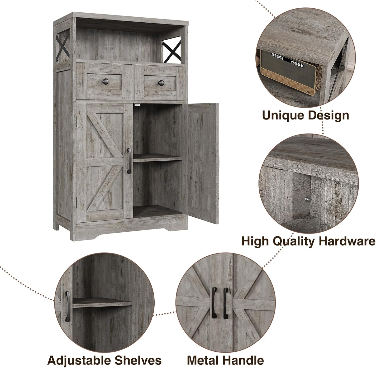 Befrases Set of 2 Farmhouse Storage Cabinet with Drawers and Adjustable Shelves, Freestanding Kitchen Pantry Storage Cabinet, Floor Storage Cupboard for Dining Living Room Home Office, Washed Grey