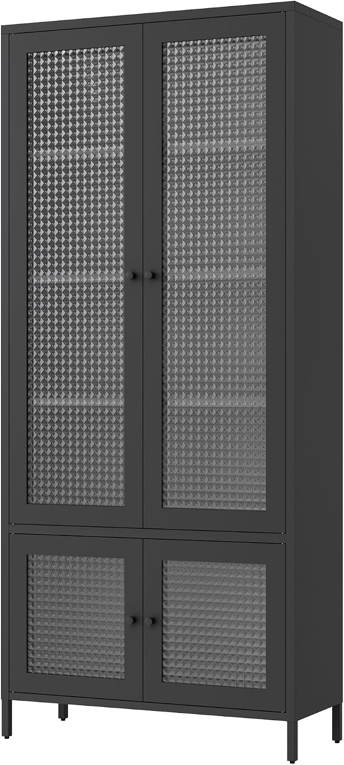 Large Metal Storage Cabinet Display Cabinet with 4 Glass Doors 5 Shelves Side Cabinet Bookcase Freestanding Cabinet for Bedroom Living Room Pantry Home Office - Black, Waffle-Grids Tempered Glass