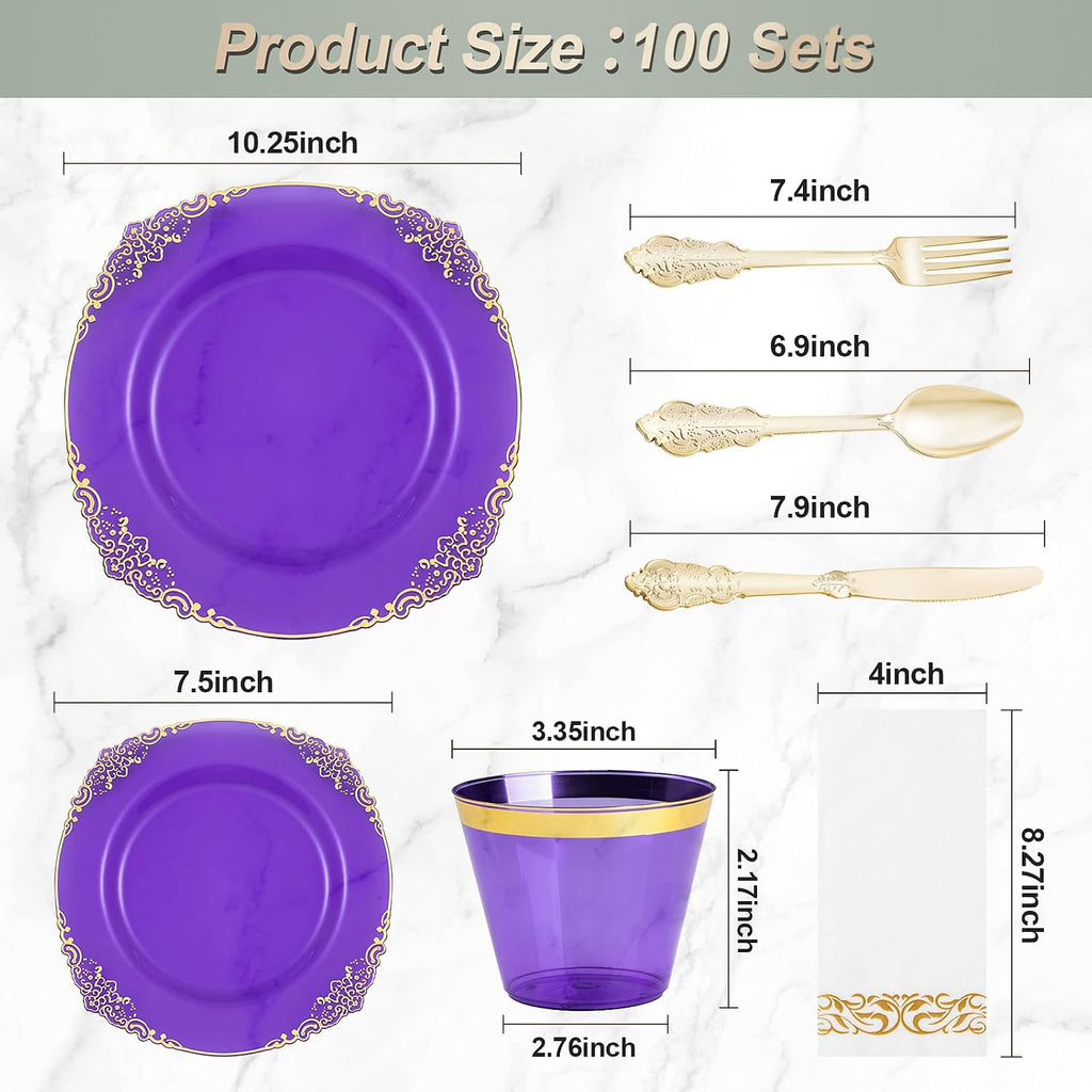 Bestluck 700PCS Clear Purple Plastic Plates for 100 Guests, Disposable Plate with Gold Trim include 100 Dinner plates, 100 Dessert Plates, 100 Gold Silverware, Cups and Napkins for Party, Graduation