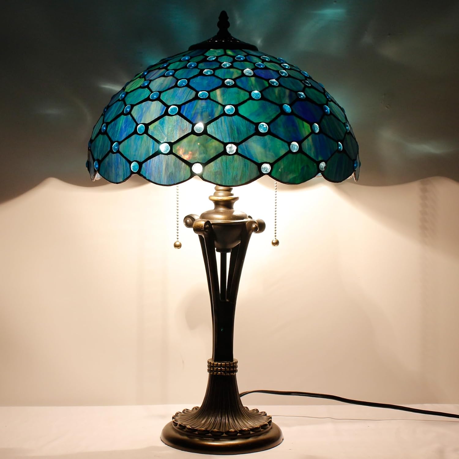 Large Tiffany Lamp Shade Replacement Only 16Inch Stained Glass Lampshade Fit For Table Lamps FLoor Lamp Ceiling Fixture Pendant Hanging Light Home Office Decoration (Blue Beads)