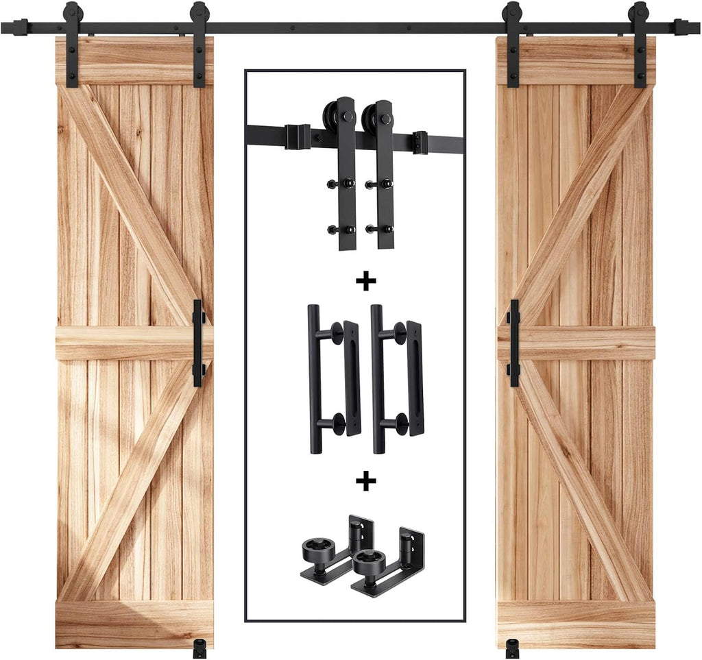 EaseLife 8 FT Double Sliding Barn Door Track and Handle Hardware Kit,Straight Pulley,Slide Smoothly Quietly,Easy Install (8FT Track Kit for 20'~24' Wide Double Door)