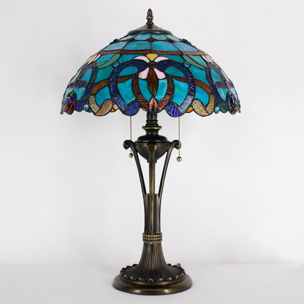 Tiffany Table Lamp 24 Inch Stained Glass Desk Lamp Blue Green Baroque Reading Light for Bedroom Living Room Bedside Nightstand