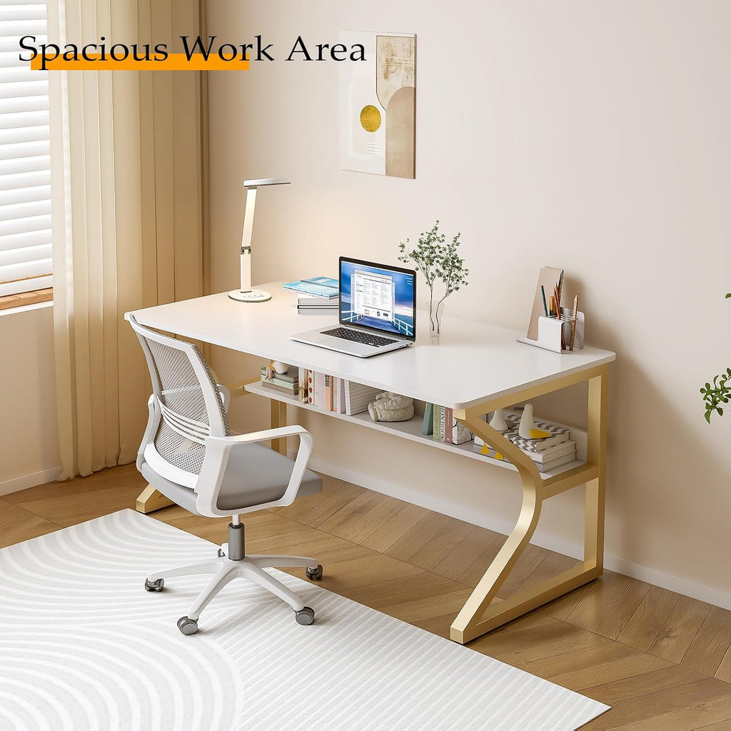 OSCHF Office Desk with Storage Shelf - 47.3' Long Writing Table for Single-Person Workstation, Modern Study Gaming Computer Desk, Gold