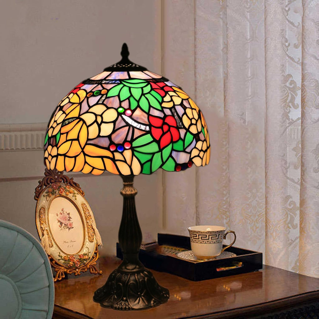 Tiffany Table Lamp for Living Room,Camellia Flower Stained Glass Lamp Shades for Bedside Nightstand Table LampsW/LED Bulb,12X12X19 Inch Tall Home Office Reading Dining Room Desk Lamps