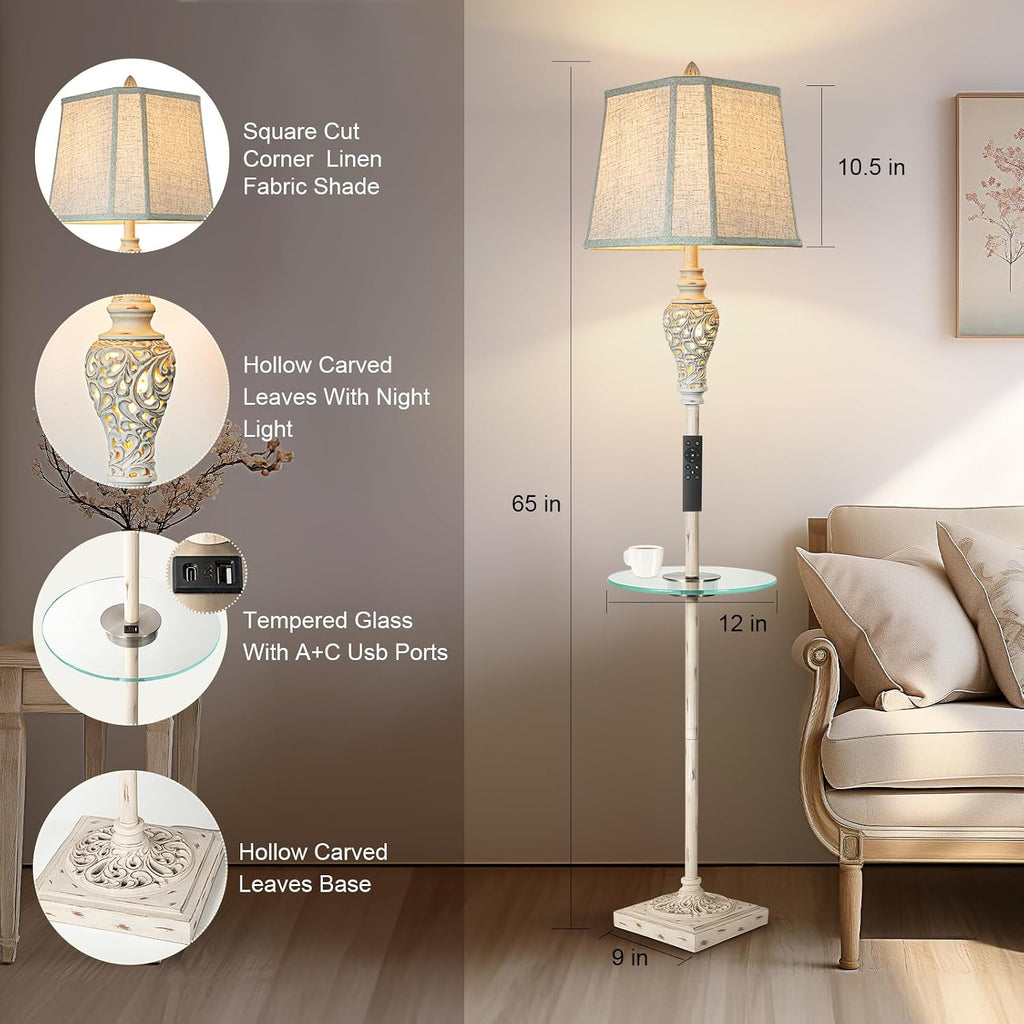 LuxSight Collection Rustic Floor Lamp, Living Room Lamps with Glass Tray, stepless diming Floor Lamp with Remote Control and USB A&C Charging Ports for Living Room Bedroom Office Smart Bulbs Included