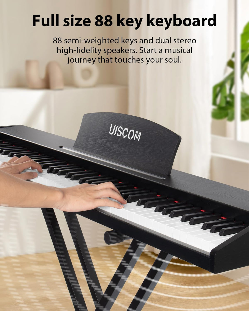 UISCOM 88 Key Digital Piano Keyboard for Beginners - Full Size Semi Weighted Wooden Electric Piano Set with Stand, Triple Pedal, Headphone,Carry Bag - Supports USB-MIDI Connecting (Wood Grain Black)