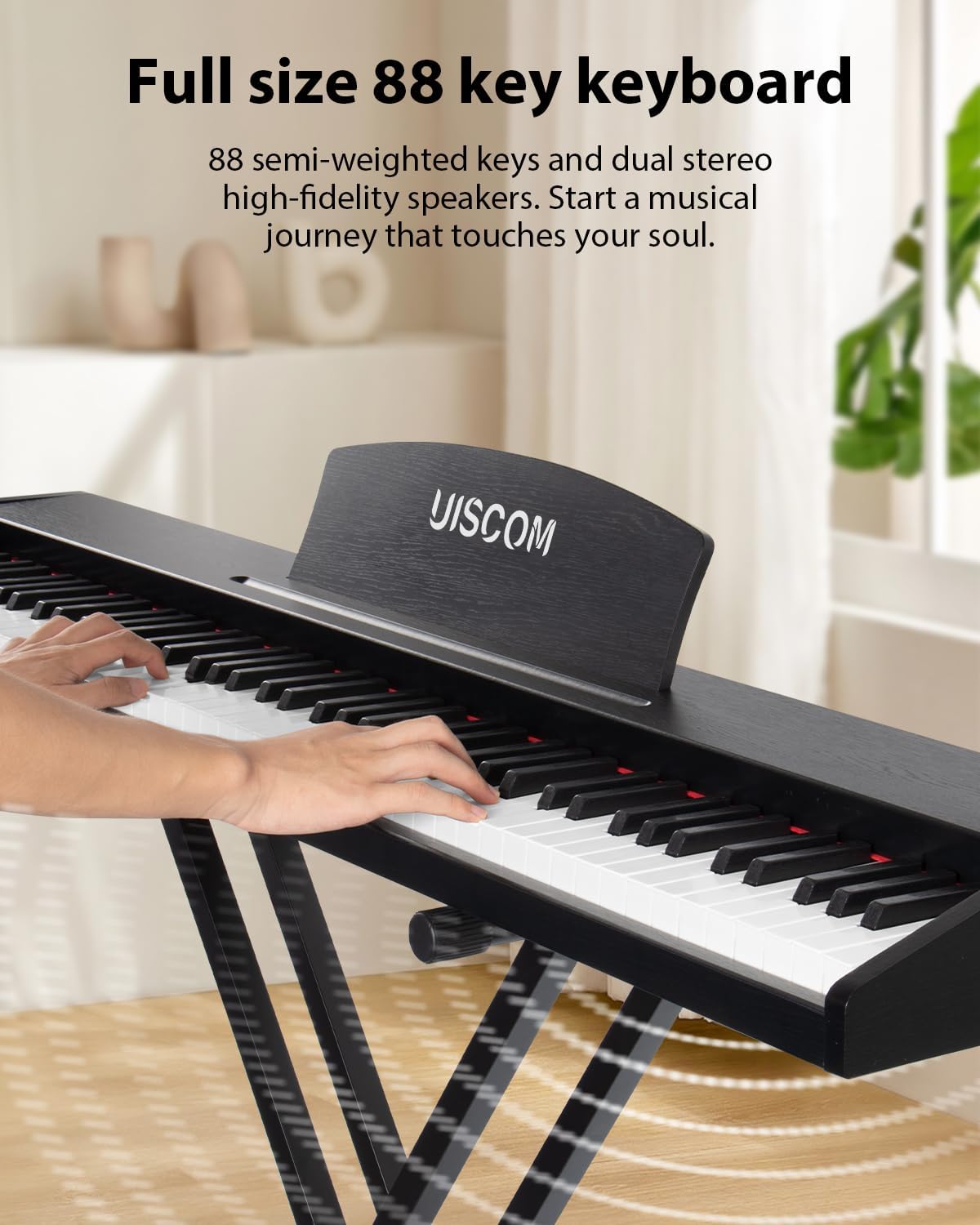UISCOM 88 Key Digital Piano Keyboard for Beginners - Full Size Semi Weighted Wooden Electric Piano Set with Stand, Triple Pedal, Headphone,Carry Bag - Supports USB-MIDI Connecting (Wood Grain Black)
