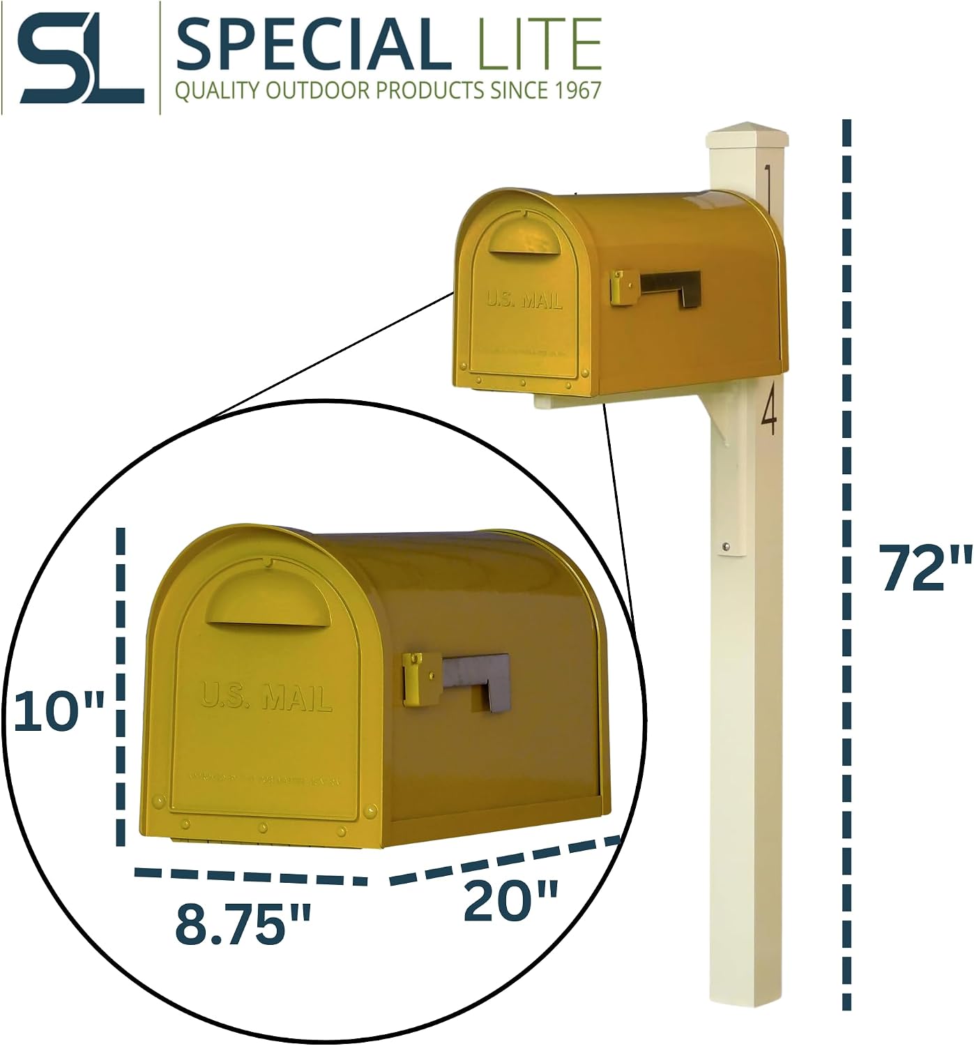 Special Lite Mid Modern Dylan Curbside Mailbox with Wellington Post - Yellow Aluminum Mailbox with Post - SCD1008YEL_SPK720IVR_VN