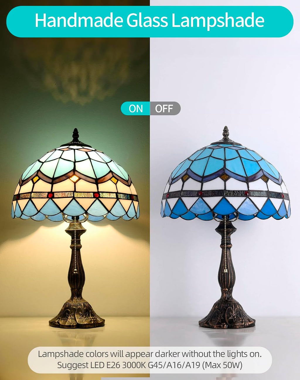 Tiffany Table Lamp, 12-inch Mediterranean Blue Style, Stained Glass Lamp for Living Room, Dining Room, Bedroom, Study Room, Office