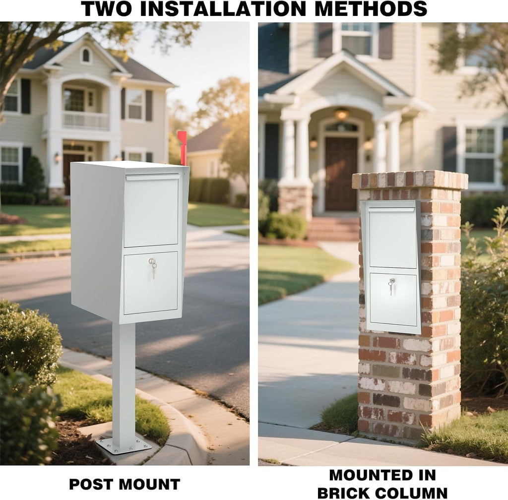POCHAR Curbside Large Mailbox for Outside with Post - Locking Mailbox Post Mount with Base Plate - Weekend-Away Design Large Street Mail Box (White)