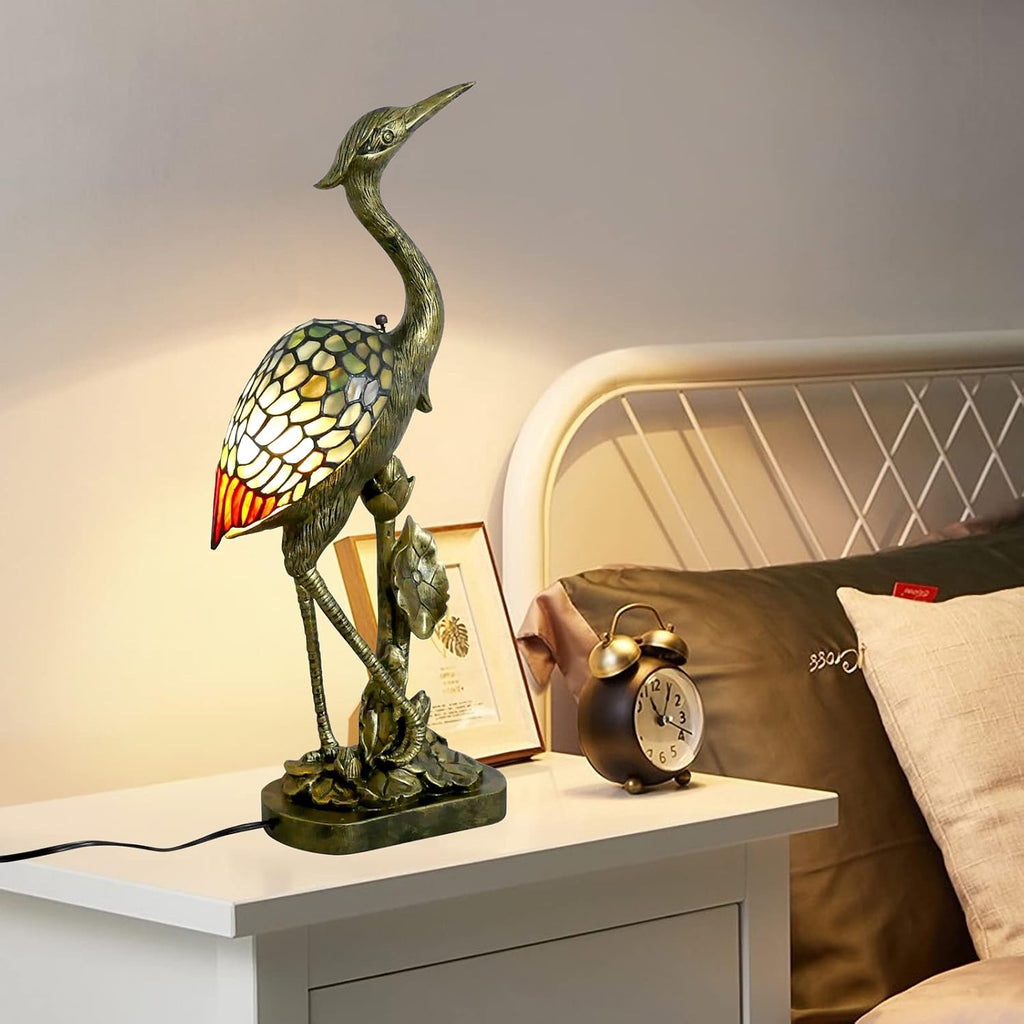 Tiffany Lamp Blue Stained Glass Crane Bird Style Table Lamp Desk Light 23.6 Inch Tall Vintage Tiffany Table Lamp for Bedroom Living Room Home Office, Color Changing LED Bulb Included