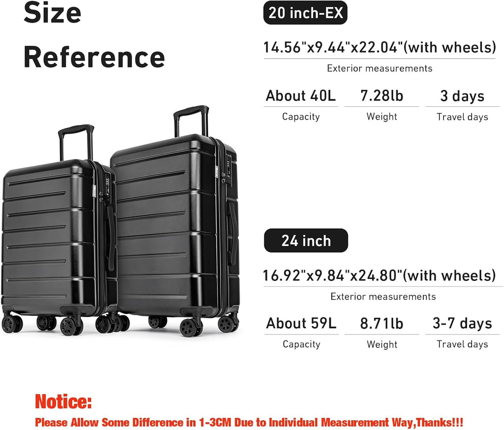 KYME Luggage Sets 2 Piece Suitcase Set Hardshell 20 inch/24 inch Luggage with Spinner Wheels Hardside PC+ABS Checked Large Suitcase with TSA Lock for Men Women Black