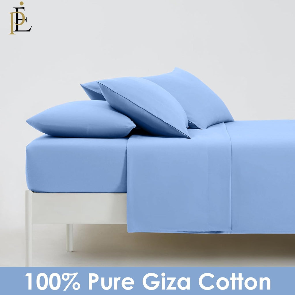 100% Giza Cotton, 1000 Thread Count, 6-PC Bed Sheet Set [Queen Size, Sky Blue Color] 18 inches Deep Pockets, Long Staple Cotton Breathable Soft Silky Sateen Weave