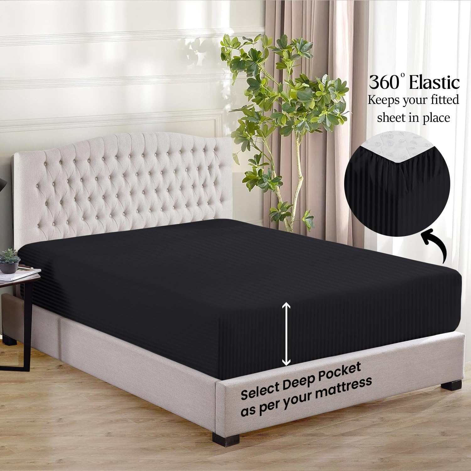 1000 Series - 100% Egyptian Cotton Sheet Set Soft & Comfy Breathable Hotel Quality Luxury Bedding -Queen Size Fits Mattress Up to 18-20' Deep (Stripe, Black)