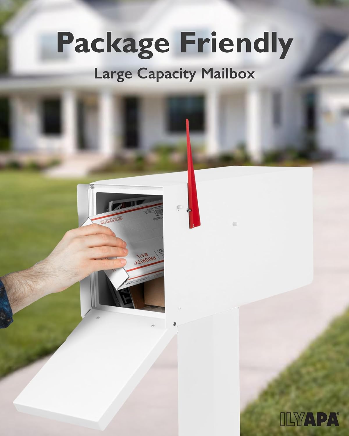 Ilyapa Modern Mailbox Post Mount Mailboxes for Outside - 21x8x10 White Powder Coated Metal Mailbox with Printed Ash Wood Grain Trim - Waterproof for Parcels, Magnetic Close Door