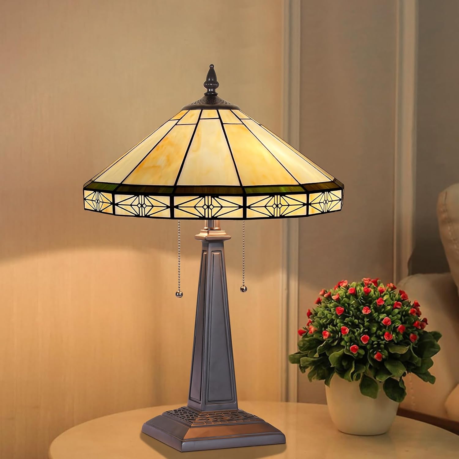 Capulina Tiffany Lamp Stained Glass Table Lamp 2-Lights 16' Wide Cream Color Mission Art Tiffany Style Bedside Reading Desk Lamp for Bedrooms Living Room Home Office