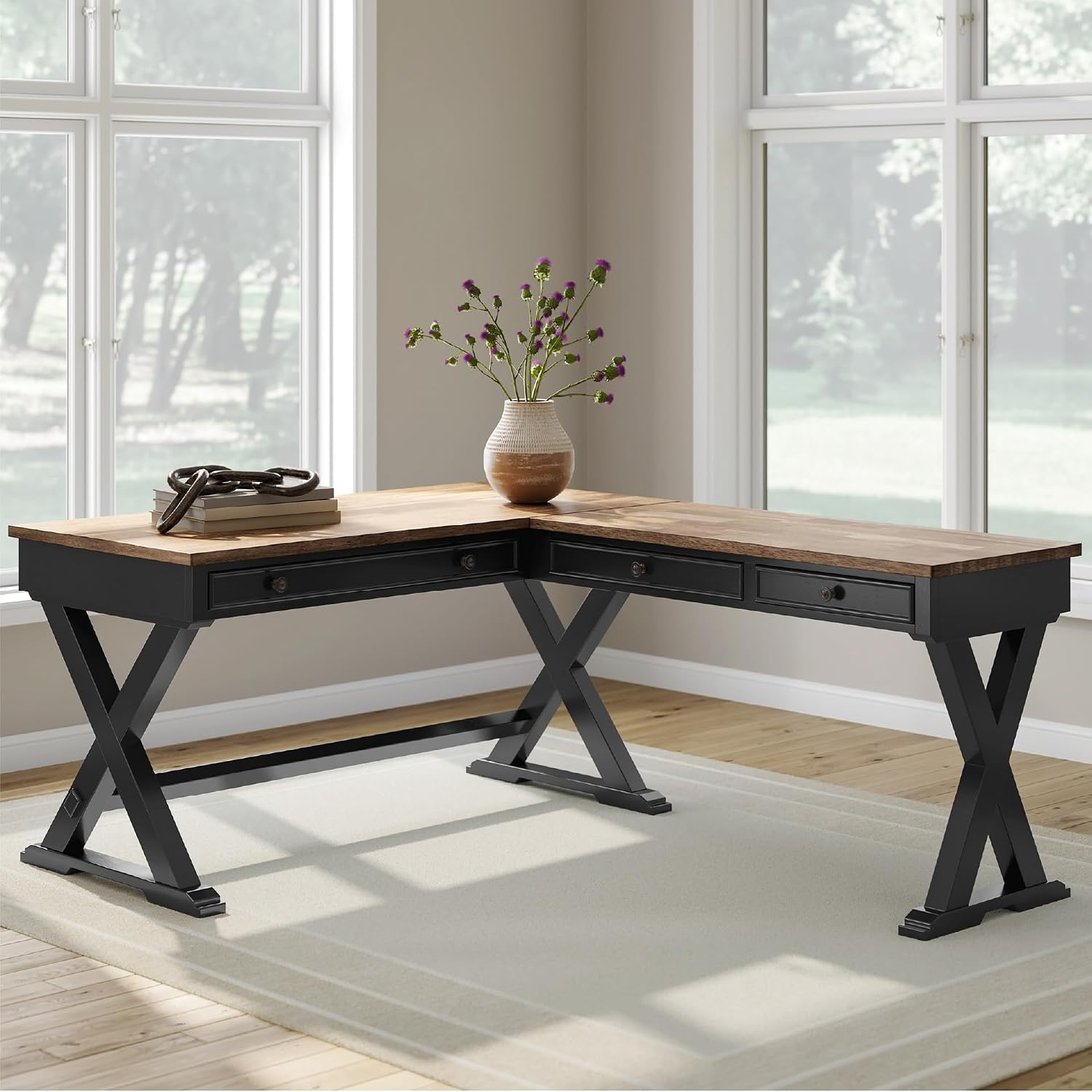 Signature Design by Ashley Wildenauer Casual 3-Drawer Home Office Desk and Return with Drop-Down Keyboard Tray and Cord Management, L-Shaped Desk, Wood, Mango Wood Veneer, Light Brown & Black
