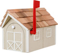 Amish Cedar Roof Wooden Mailbox with Window & Door Trim (Beige with White Trim)