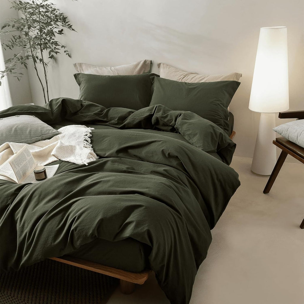 BDEAR Olive Green Duvet Cover Alaskan King Size 132'' W x 120'' L, 100% Washed Cotton Duver Cover with Zipper Closure Plus 2 Pillowcases, Oeko TEX Standard 100 Certificated, Cozy Feel